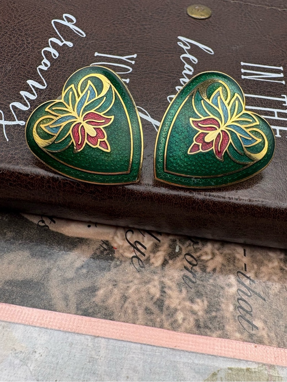 Vintage Green Enamel Floral Heart Statement Earrings Gold Tone